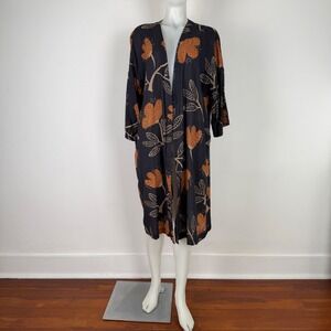 Gudrun Sjoden Womens Organic Cotton Floral Duster Cardigan Navy Rust Medium